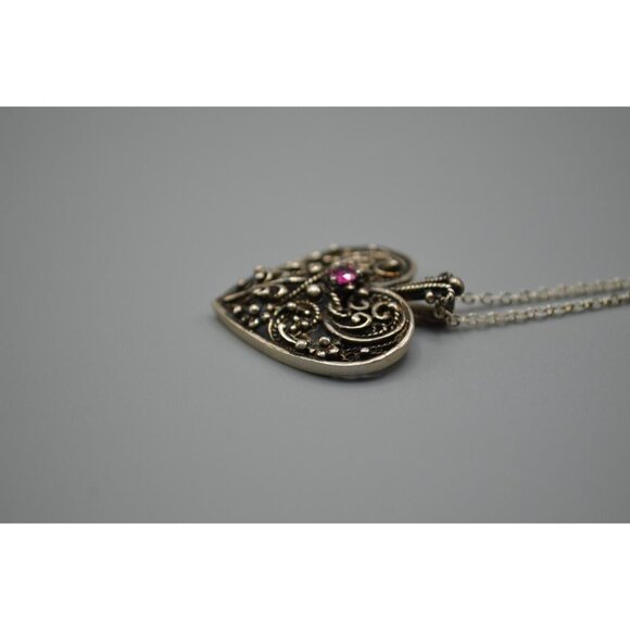 Sterling Silver Heart Pendant w Ruby Stone FM 83 Franklin Mint Filigree 925 - Picture 7 of 11